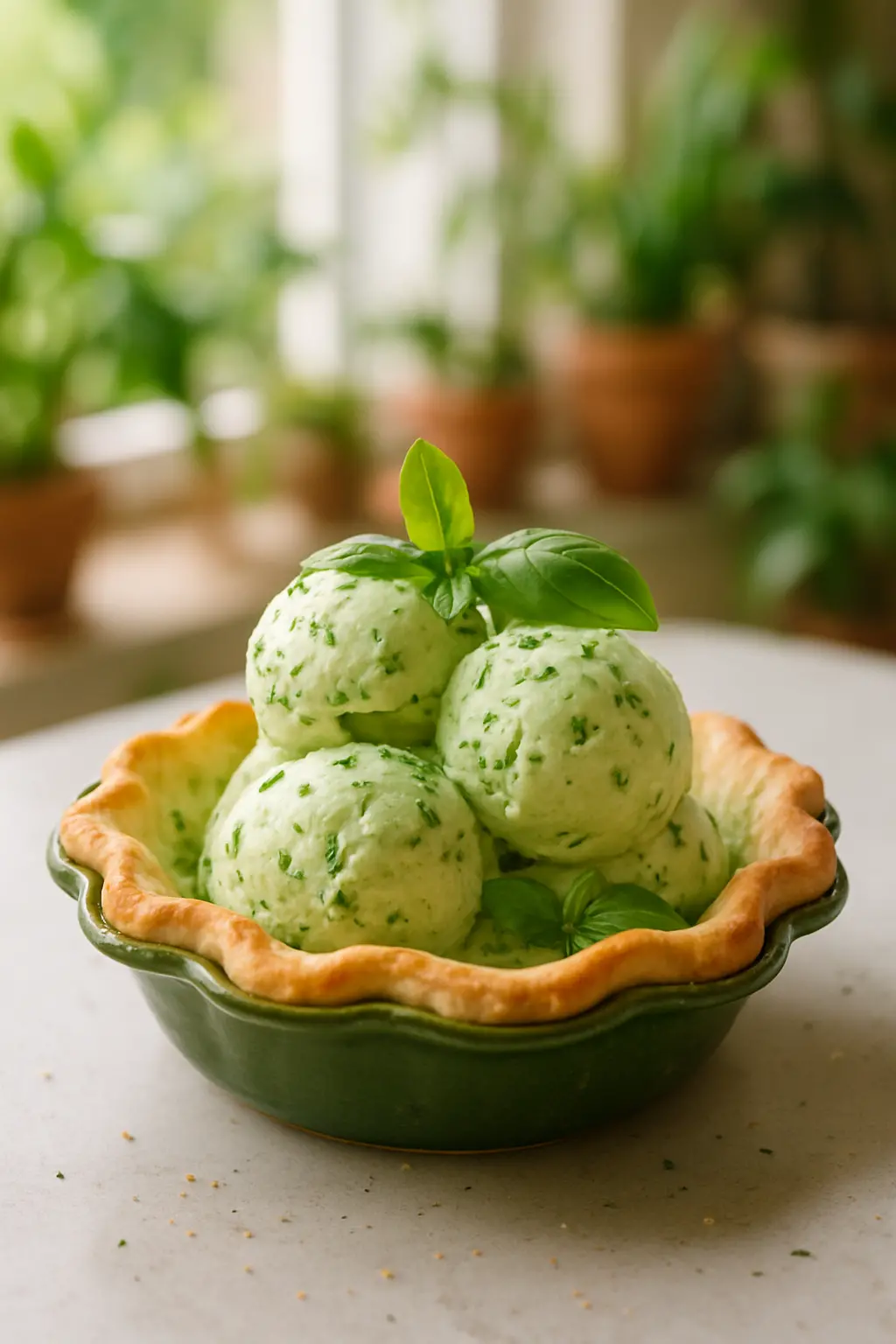 Close-up of fresh basil leaves used in ice cream making