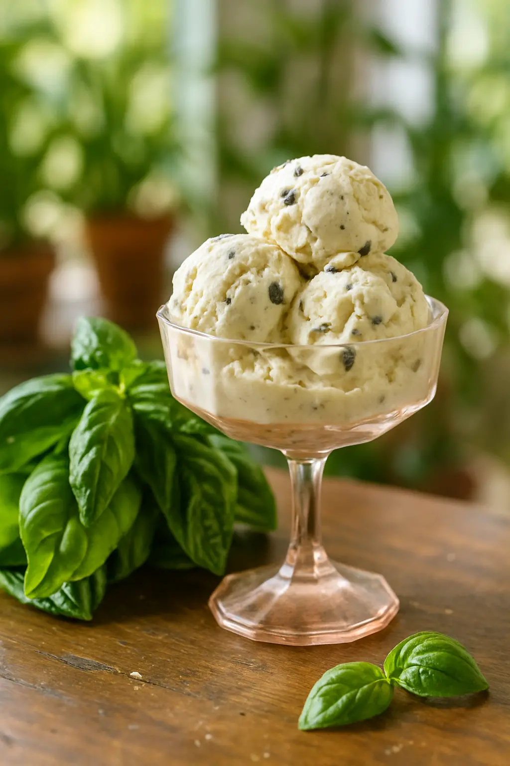 Creamy basil ice cream with fresh basil leaves garnish