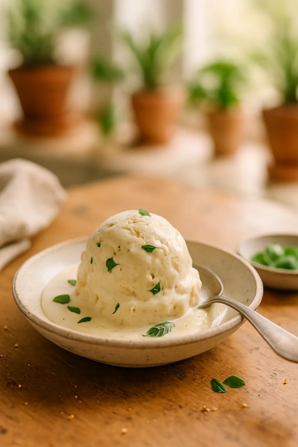 Close-up of basil leaves steeping in milk for ice cream base