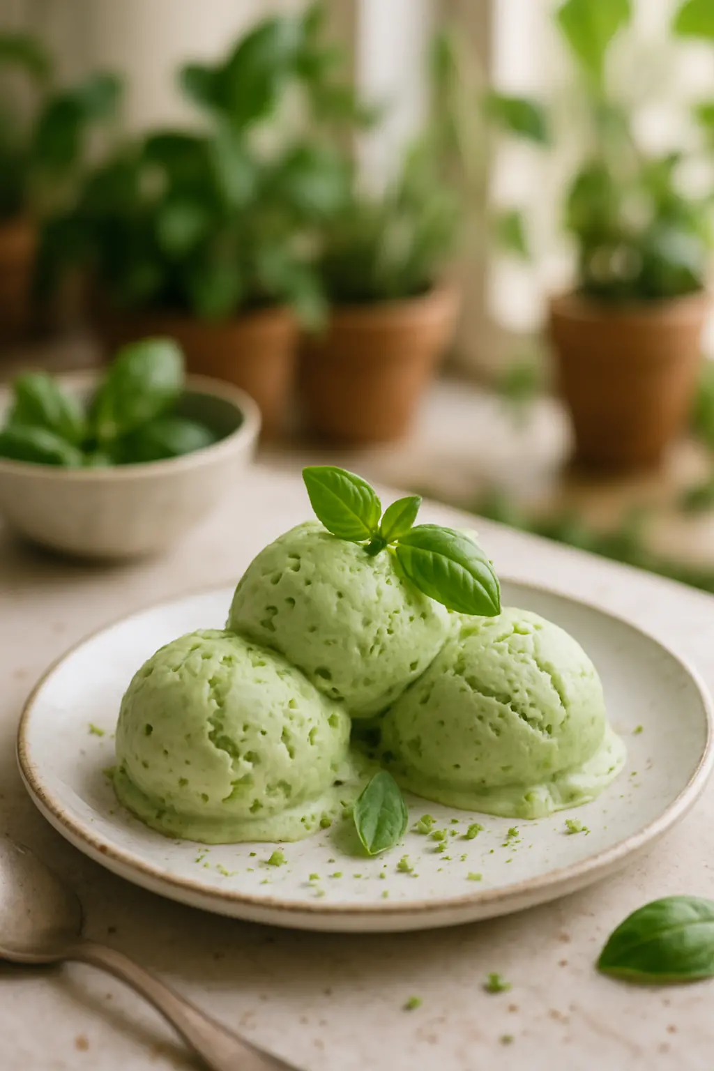 Fresh ingredients for basil ice cream recipe laid out on counter