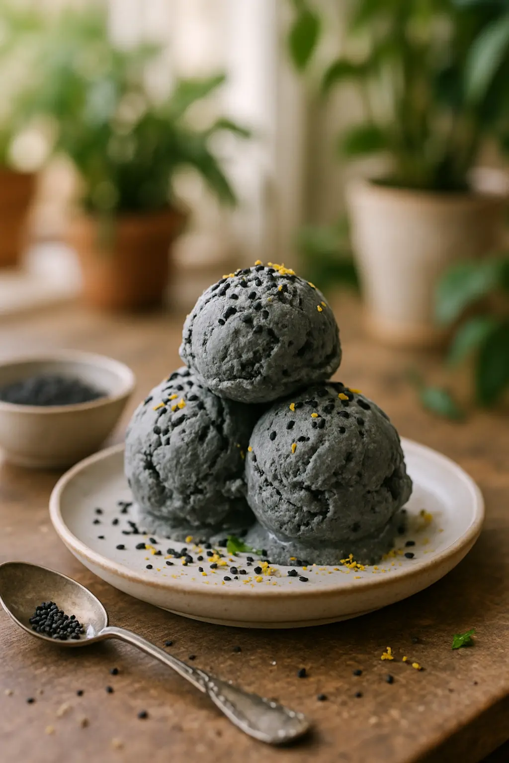 Creamy black sesame ice cream in a bowl with sesame seeds