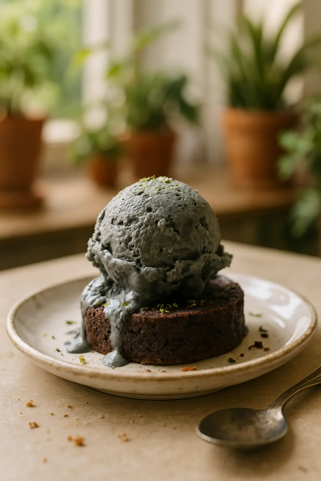 Close-up of black sesame ice cream with red berries