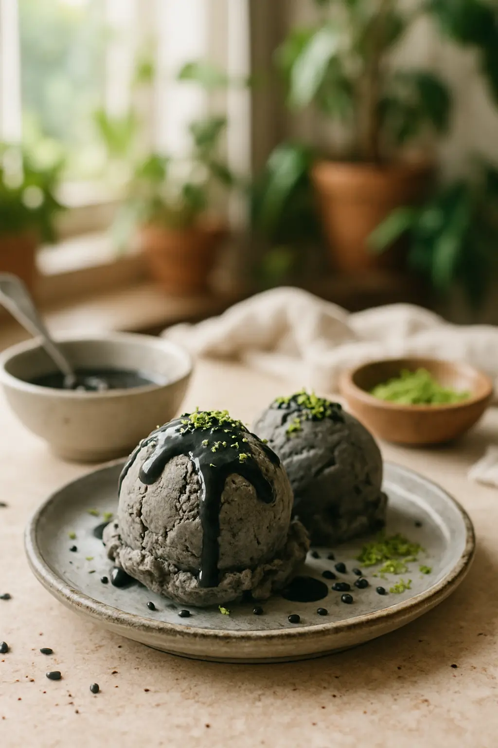 Ingredients for black sesame ice cream laid out on a table