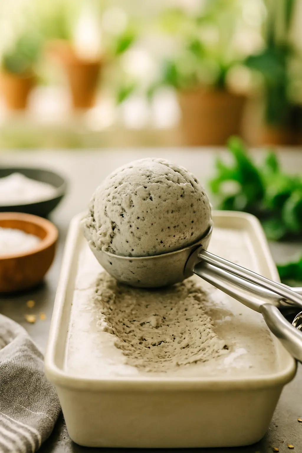 Creamy black sesame ice cream in a bowl with sesame seeds sprinkled on top