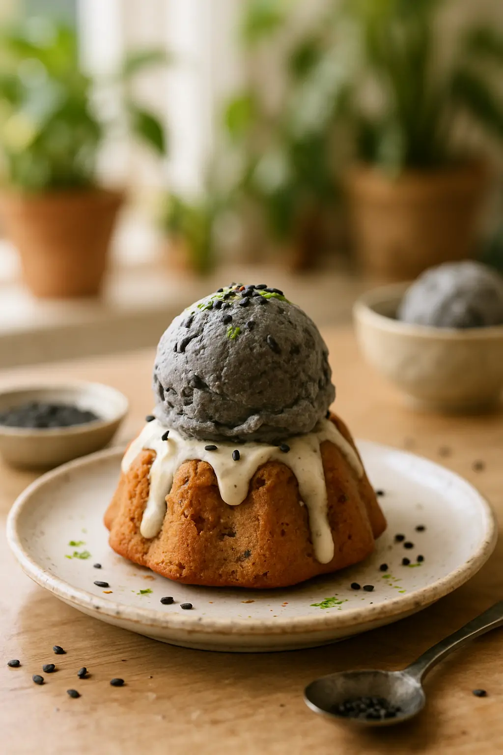 Black sesame seeds and powder next to ice cream ingredients