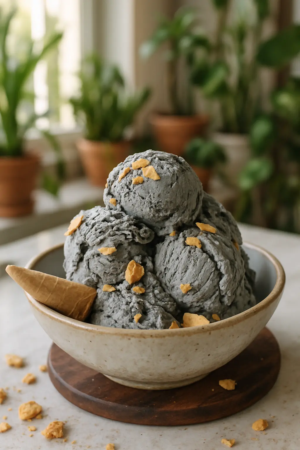 Creamy black sesame ice cream in a bowl with sesame seeds