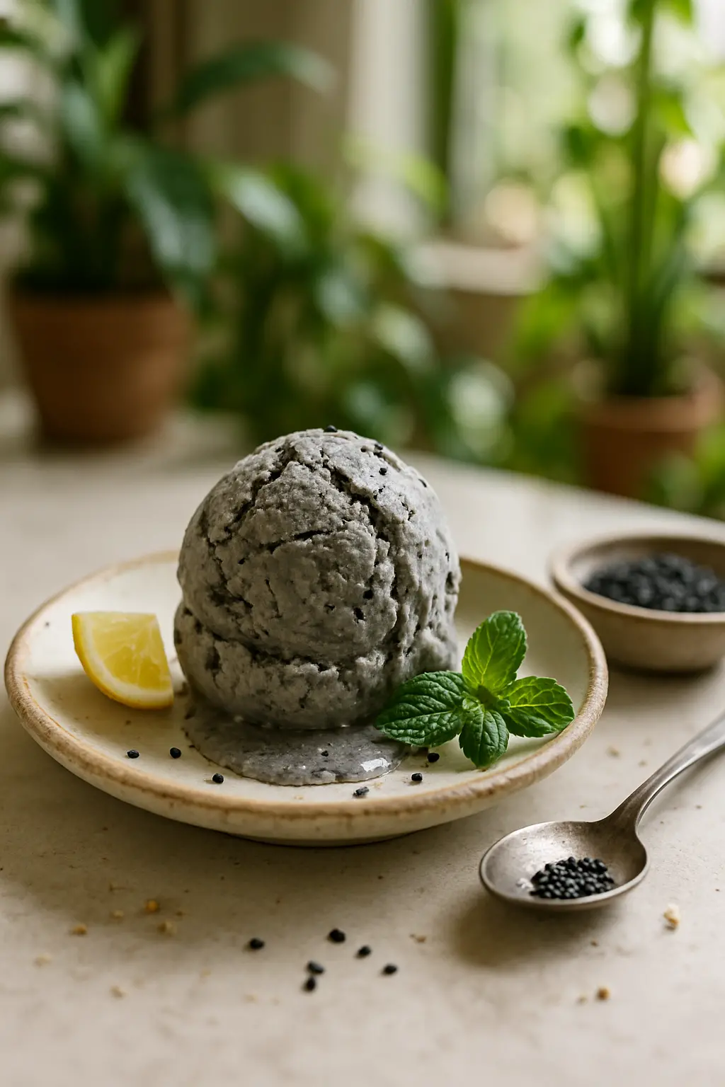 Black sesame seeds and other ingredients for making sesame ice cream
