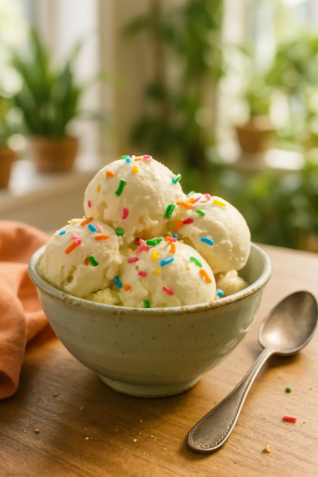homemade ice cream using half and half in a bowl with toppings