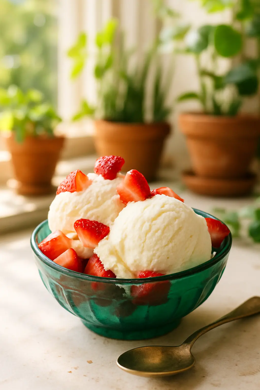 Homemade ice cream using half and half in a bowl with toppings