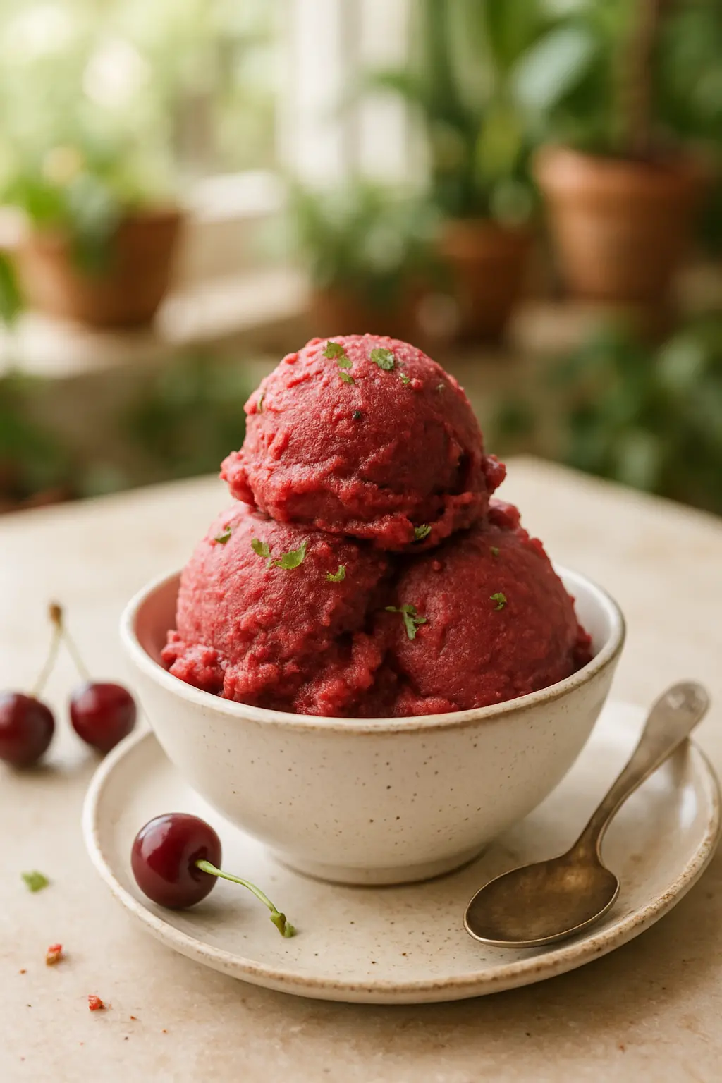Cherry Italian ice recipe in a glass bowl with fresh cherries