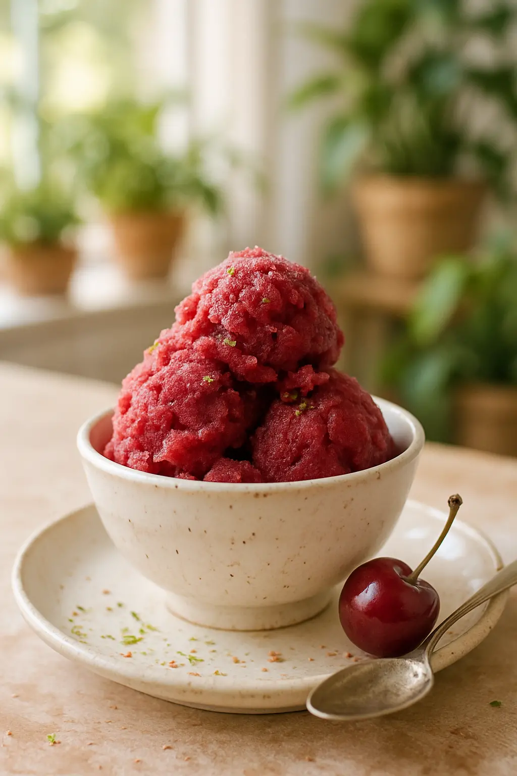 Ingredients for cherry Italian water ice recipe on counter
