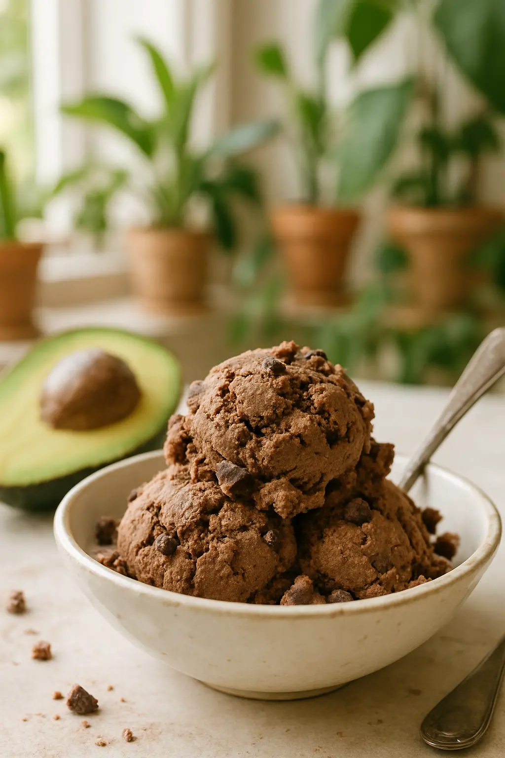Creamy chocolate avocado ice cream in a bowl with spoon