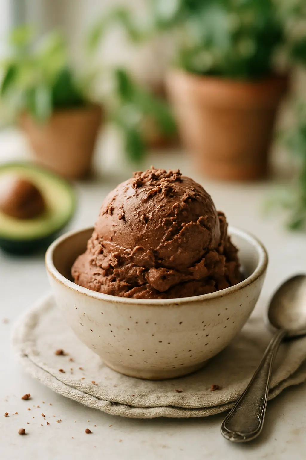 Close-up of chocolate avocado ice cream with cocoa nibs