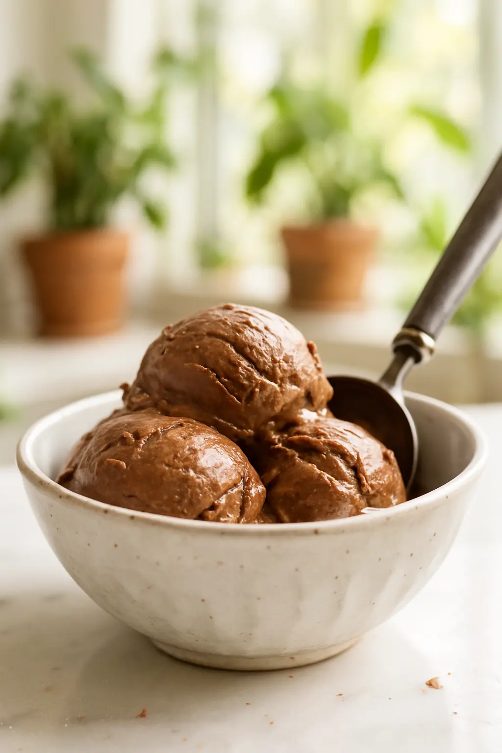 Creamy chocolate avocado ice cream in a bowl with chocolate drizzle