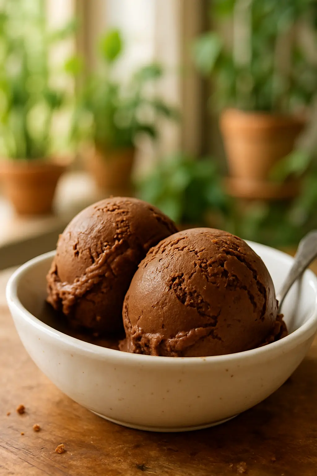 creamy chocolate avocado ice cream in a bowl