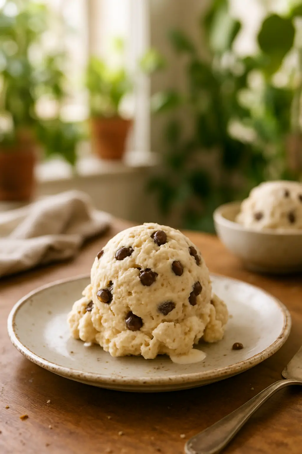 close-up of chocolate chip chocolate ice cream with melting chocolate