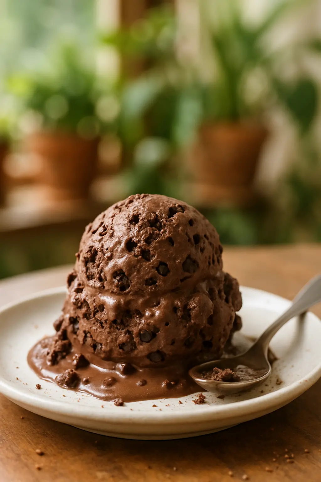 chocolate chocolate chip ice cream in bowl with scoop