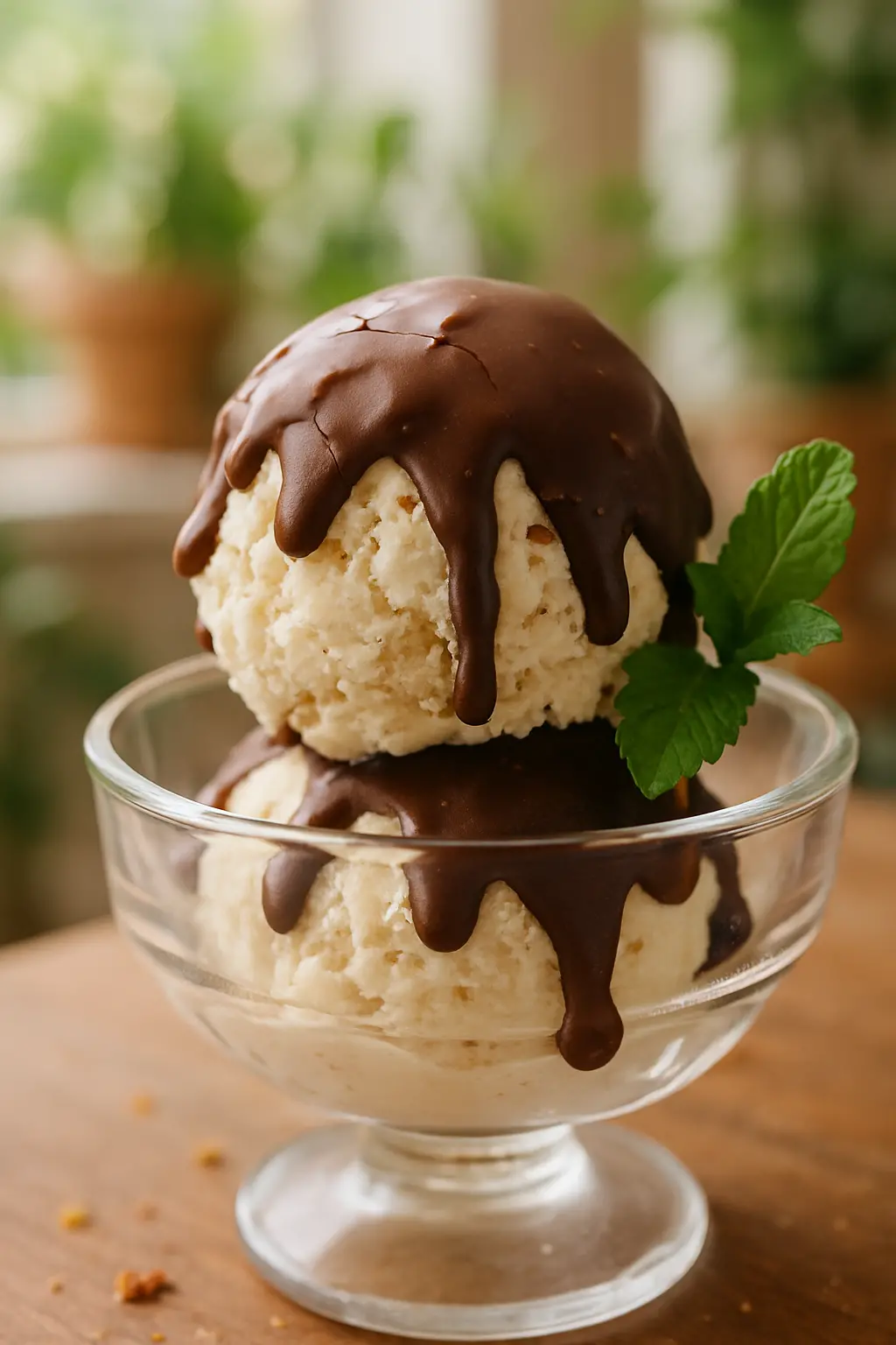 Chocolate shell topping drizzled over vanilla ice cream