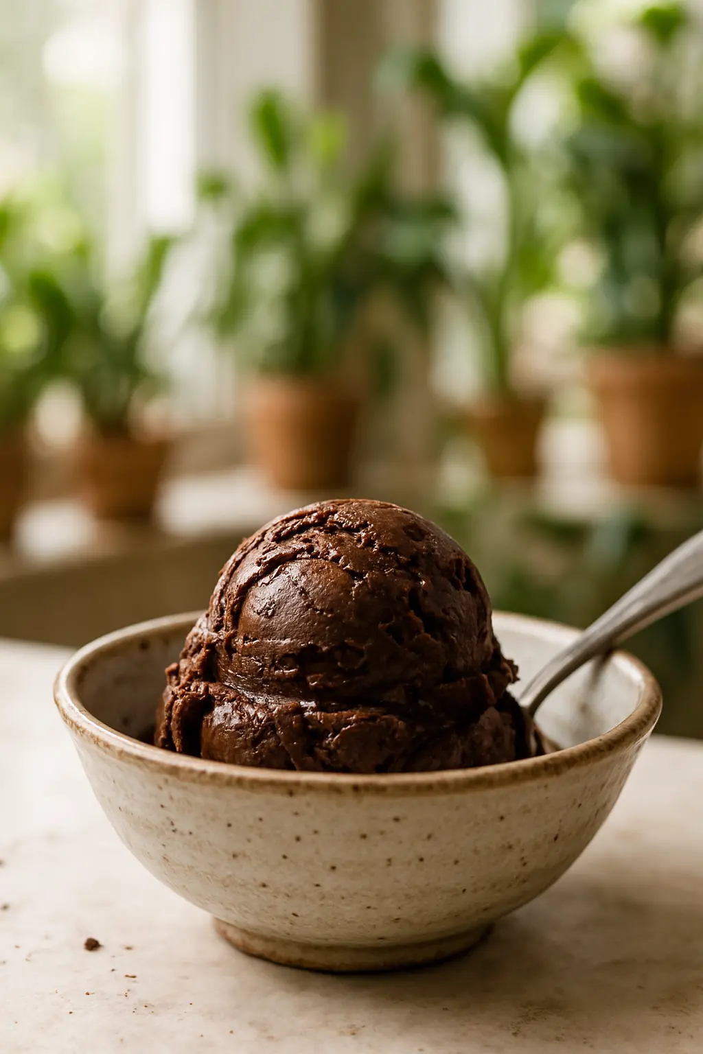 Dark chocolate ice cream in a bowl with chocolate shavings