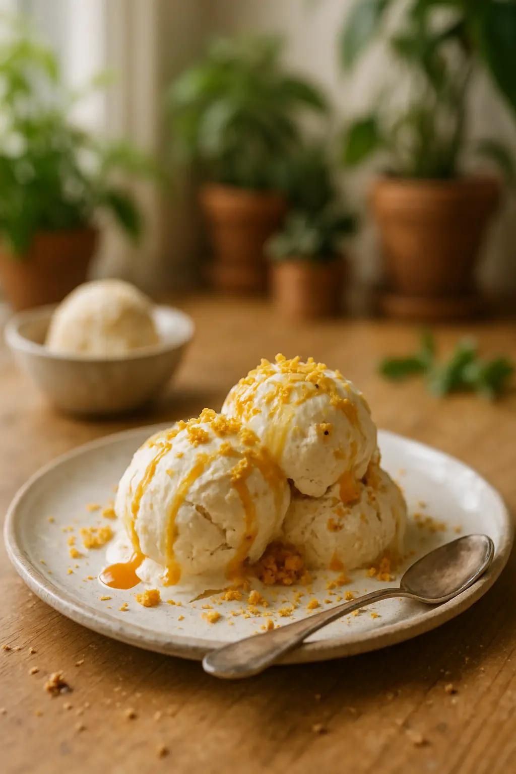 Close-up of homemade vanilla ice cream with heavy cream