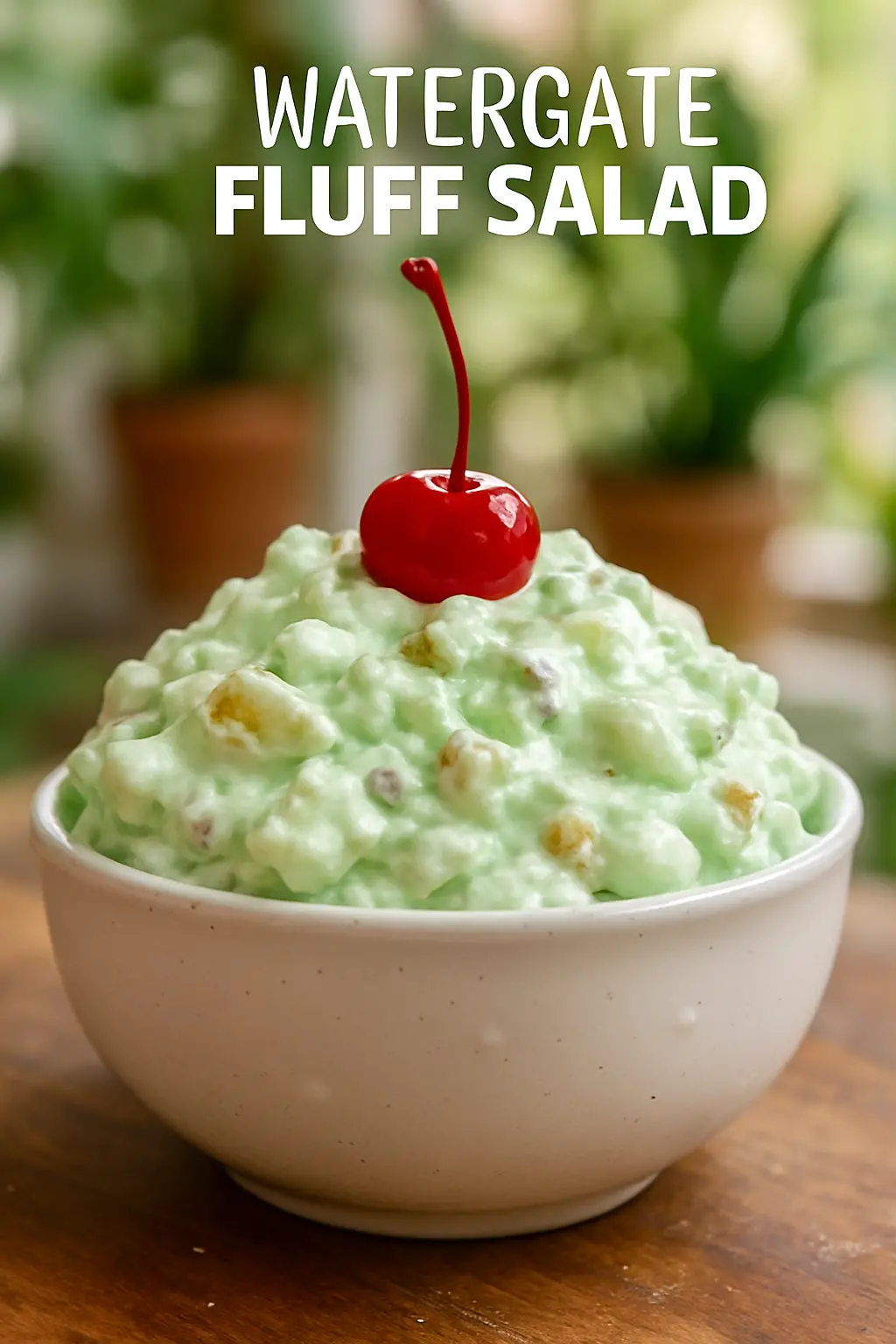 pineapple fluff salad recipe in a white bowl with cherries on top