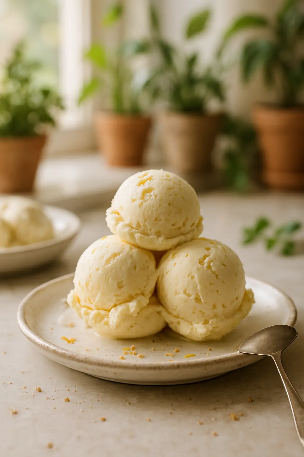 Close-up of vanilla bean pods next to French vanilla ice cream