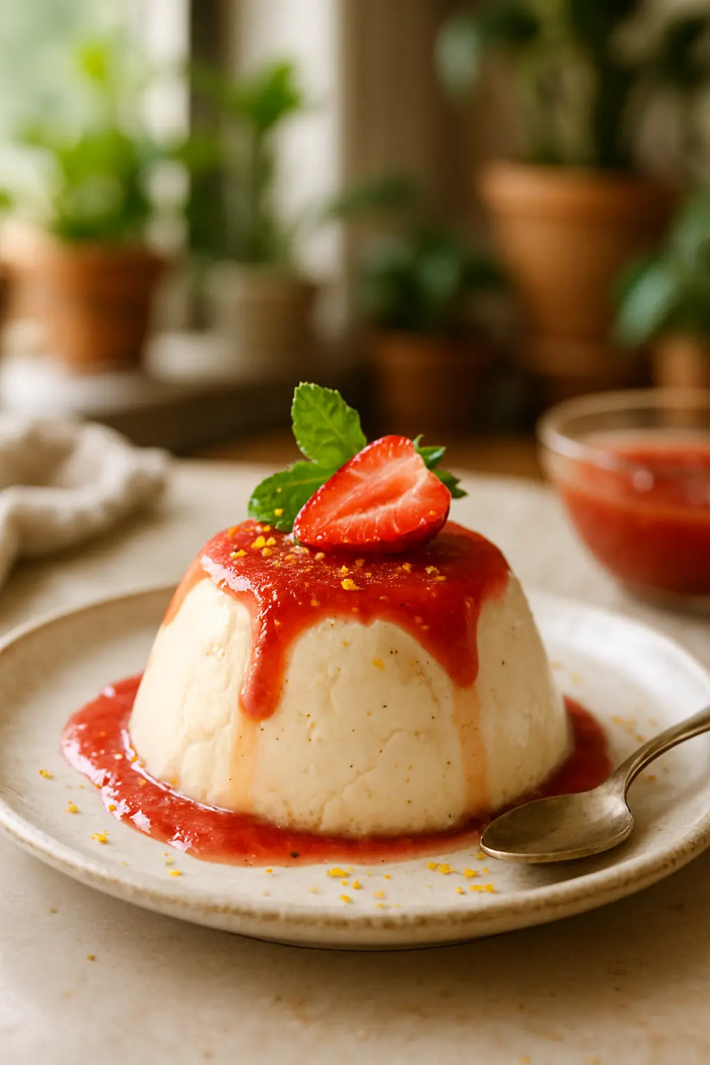Close-up of creamy gelatin dessert with berry topping