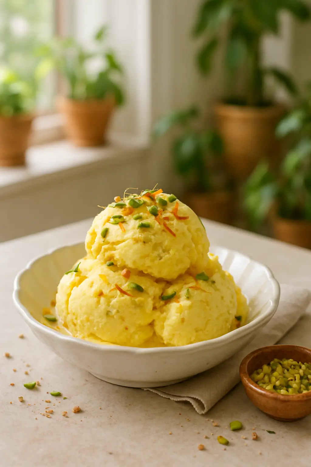 Close-up of Persian saffron ice cream with rose petals and pistachios