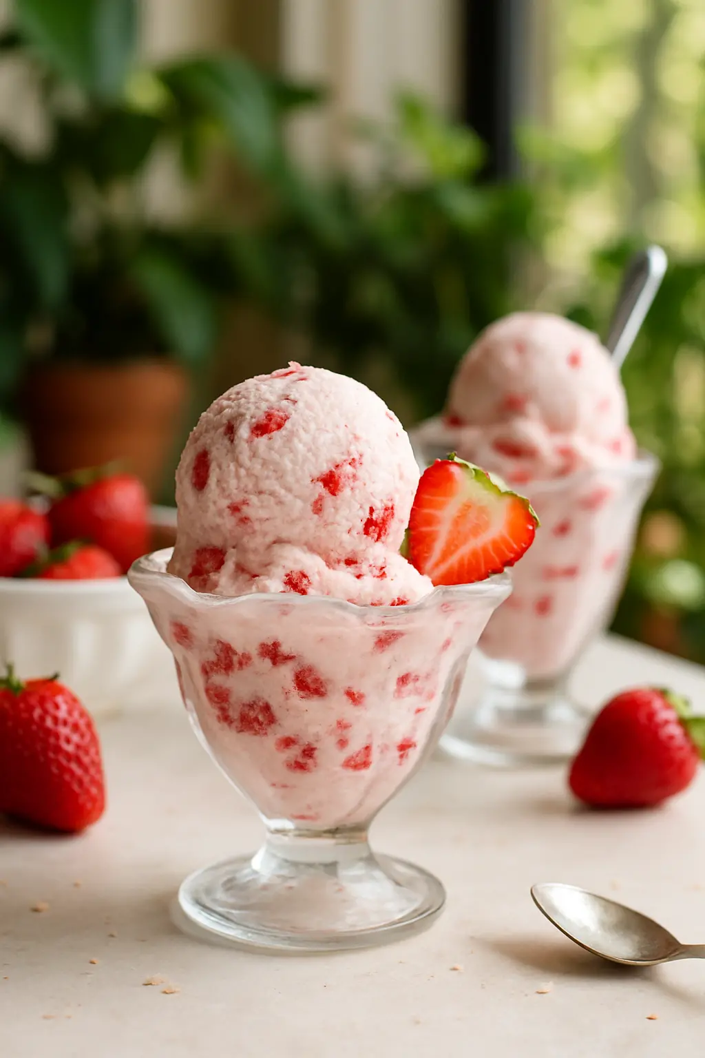 Homemade Strawberry Ice Cream Recipe (Easy KitchenAid Method) 1 KitchenAid strawberry ice cream in a bowl with fresh strawberry garnish