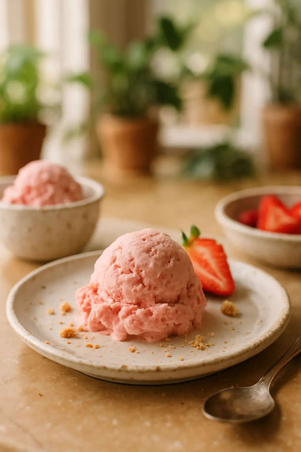 Homemade Strawberry Ice Cream Recipe (Easy KitchenAid Method) 3 Close-up of KitchenAid mixer making strawberry ice cream