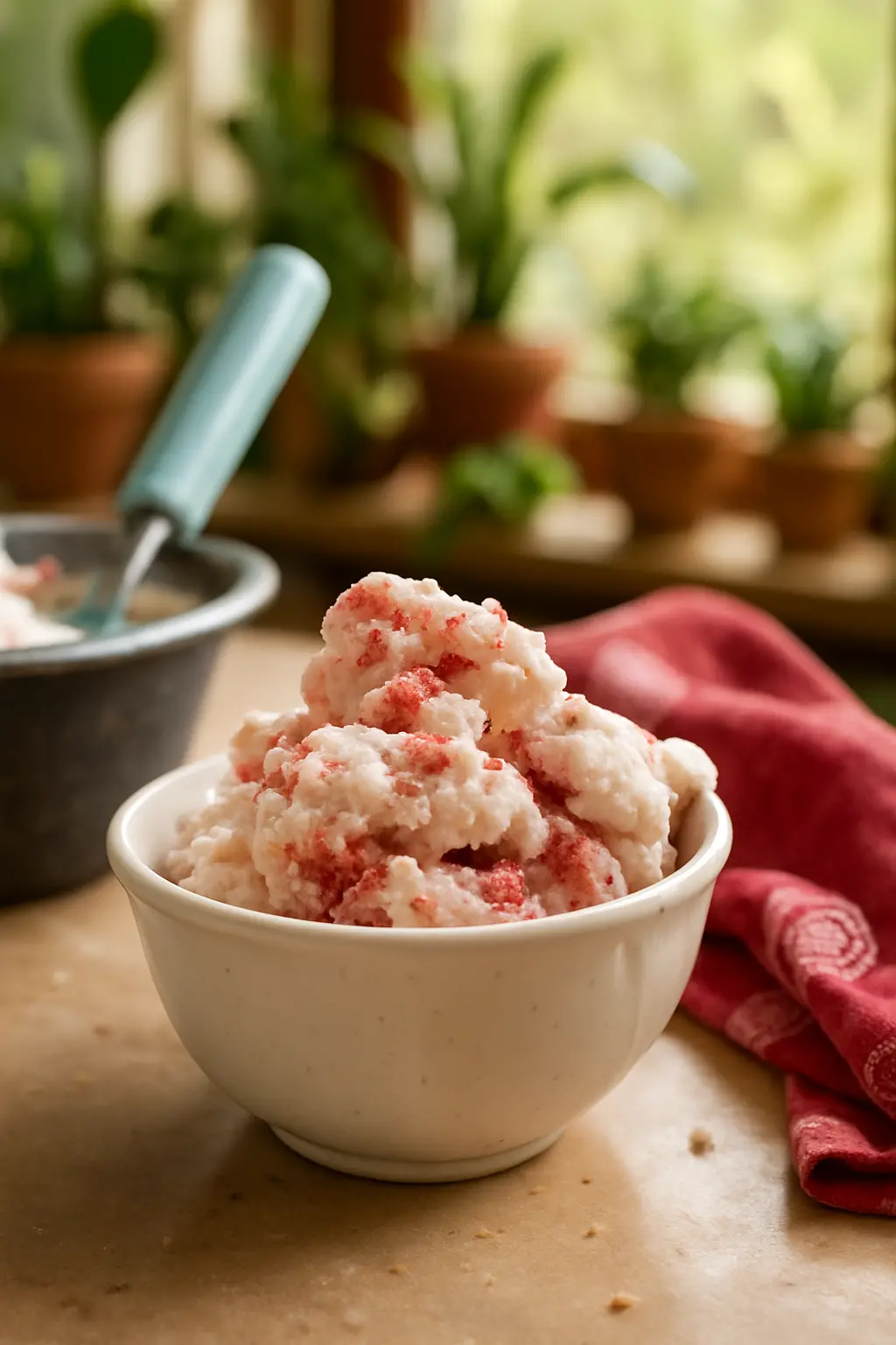 Creamy homemade KitchenAid strawberry ice cream in a bowl