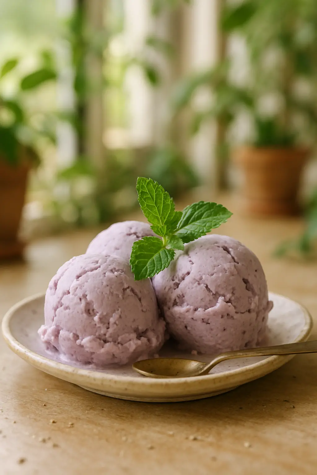 Close-up of honey being drizzled into lavender ice cream mixture