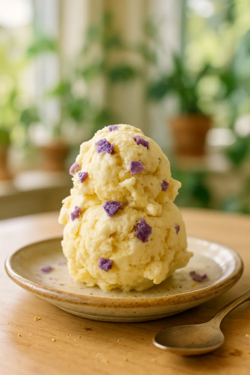 honey lavender ice cream in a bowl with fresh lavender garnish