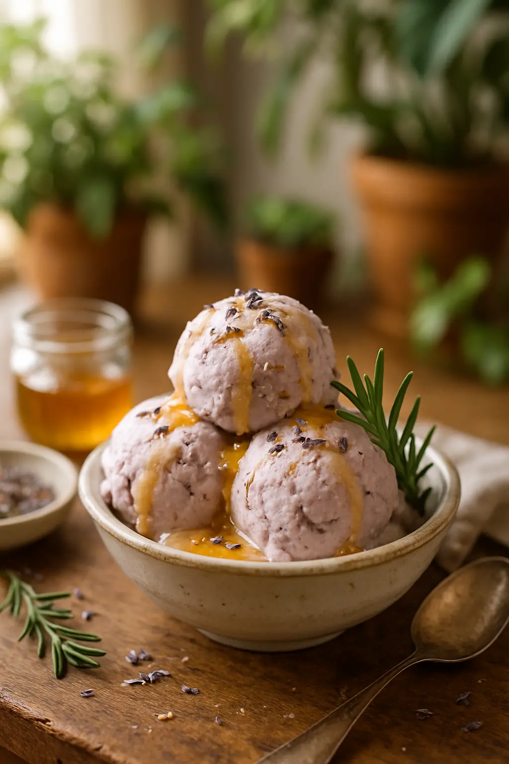 ingredients for honey lavender ice cream recipe laid out on counter