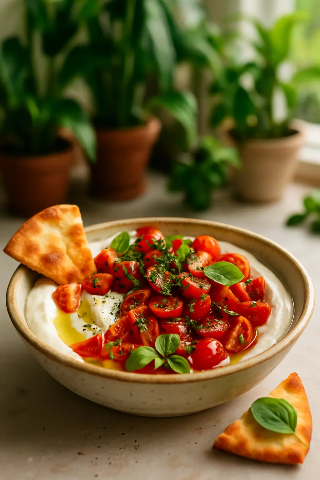 Quick & Creamy Marinated Tomato Feta Dip: A Mediterranean-Inspired Appetizer 3 Fresh ingredients for marinated tomatoes and feta dip spread out on a cutting board