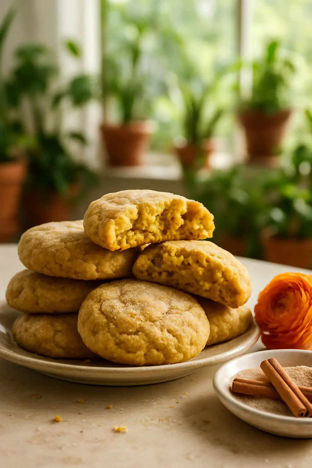 Stack of perfectly baked soft pumpkin cookies showing texture