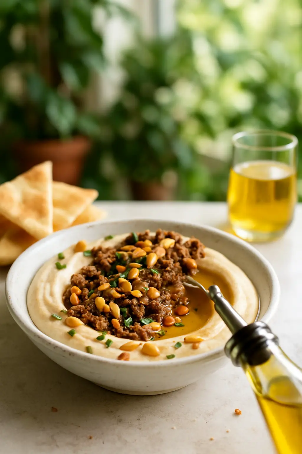 Layered hummus with ground beef topped with fresh herbs and olive oil