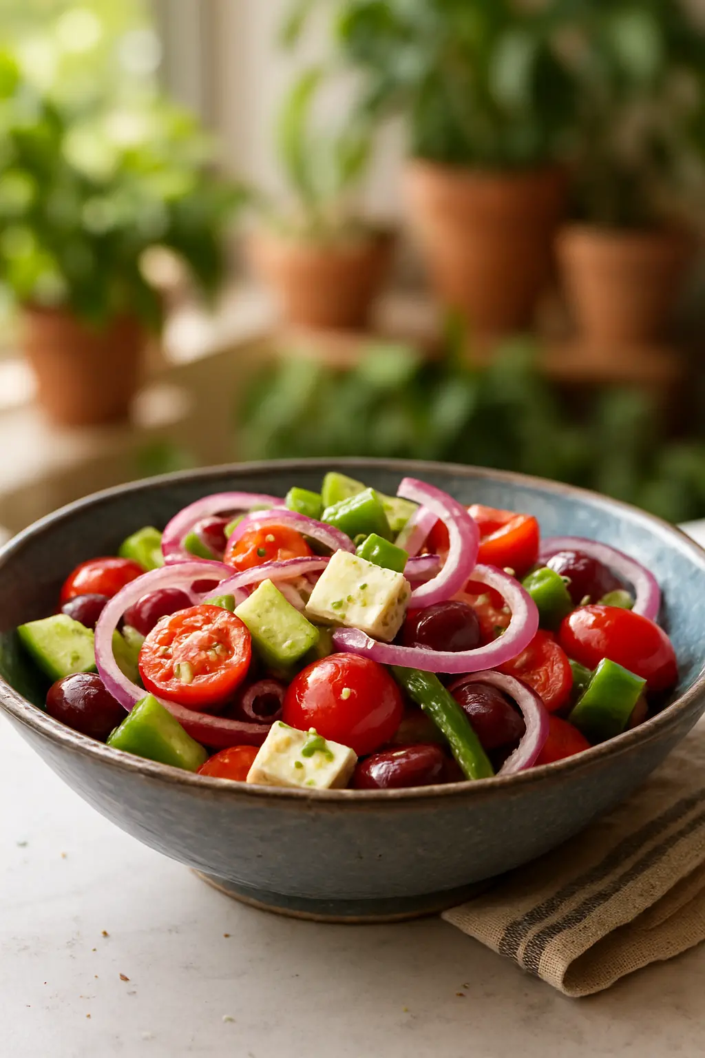 Fresh Mediterranean Greek Salad with Feta & Kalamata Olives 3 Greek salad ingredients arranged on a rustic wooden board
