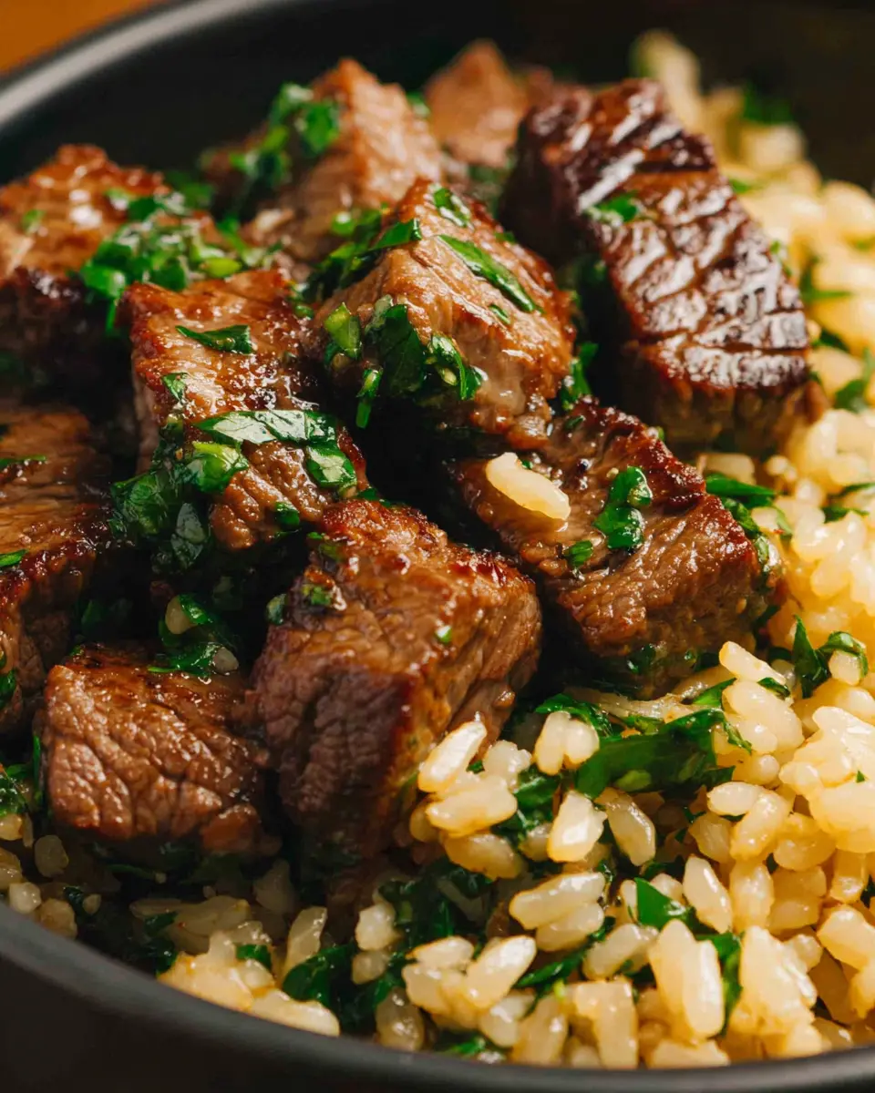 Beef Garlic Butter Rice Skillet close up