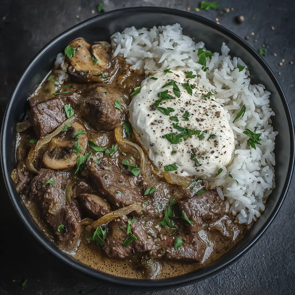 Beef Stroganoff Rice Bowl close up