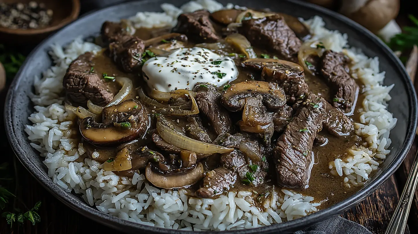 Beef Stroganoff Rice Bowl final presentation