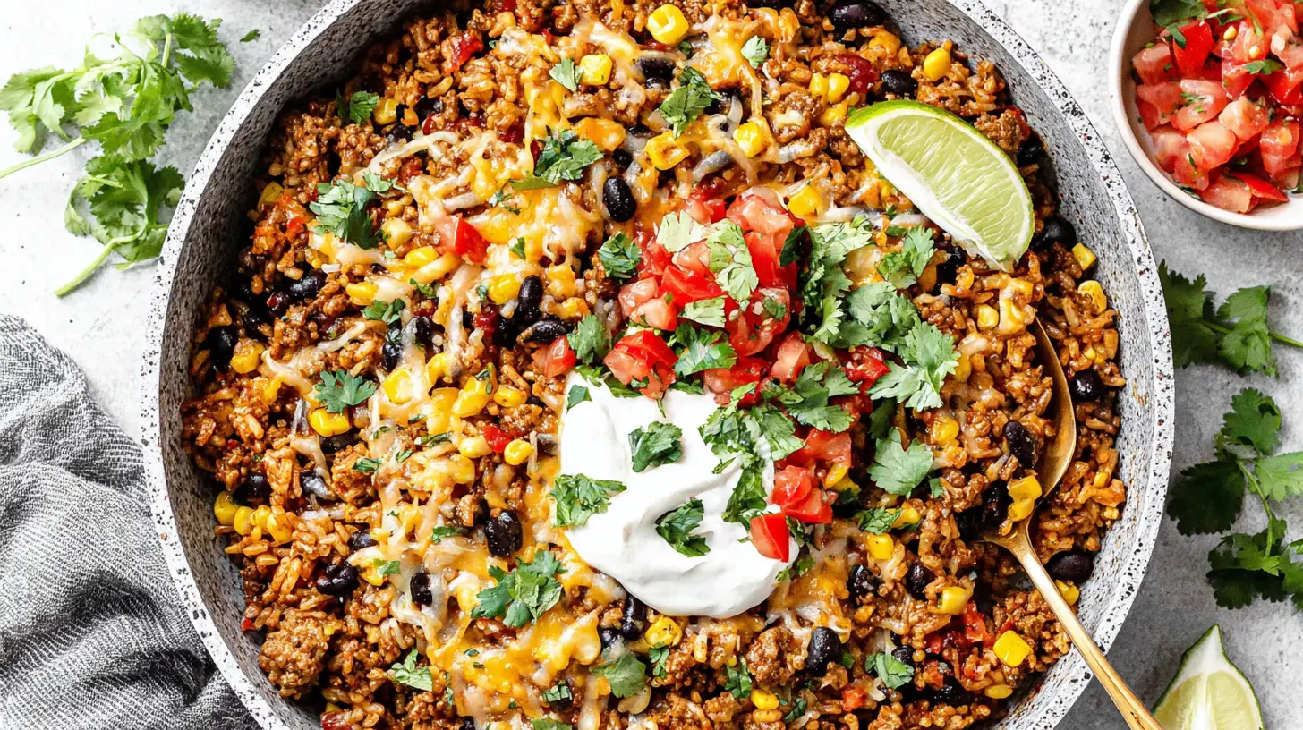 Beef Taco Rice Skillet served at a family table with toppings
