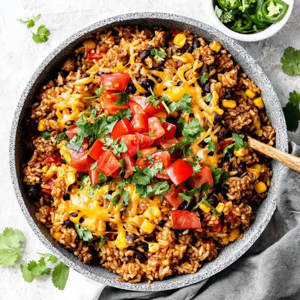 Beef Taco Rice Skillet close up showing melted cheese and toppings