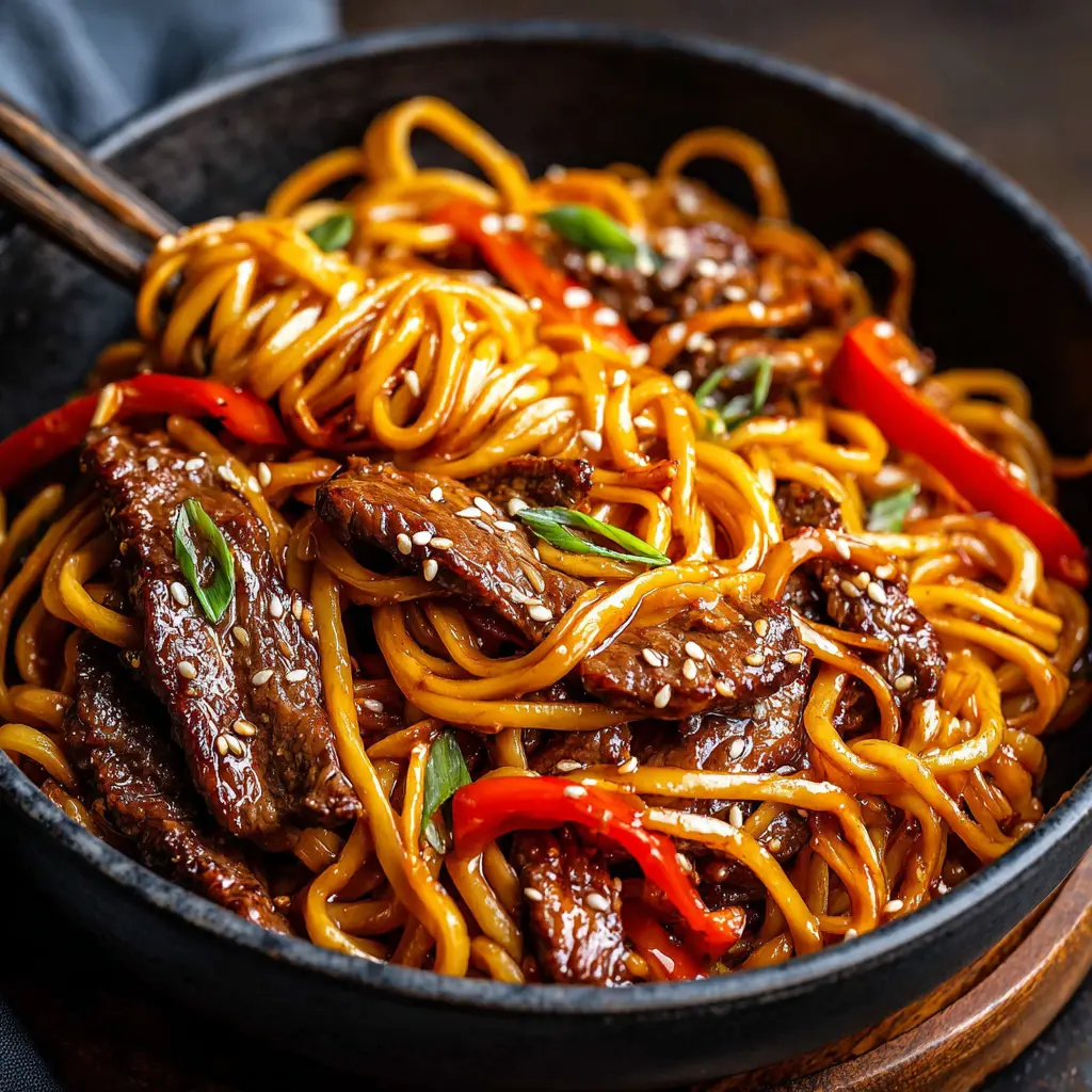 Beef Teriyaki Noodle Bowl close up