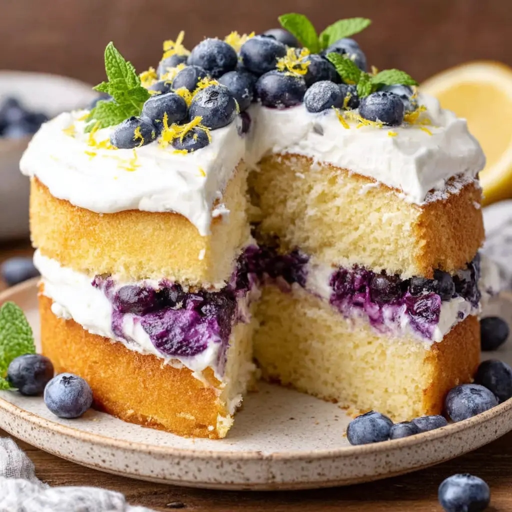 Sliced Blueberry Vanilla Cream Cake on a plate