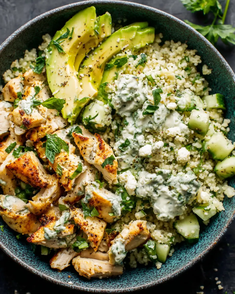 Chicken Avocado Couscous Bowl close up