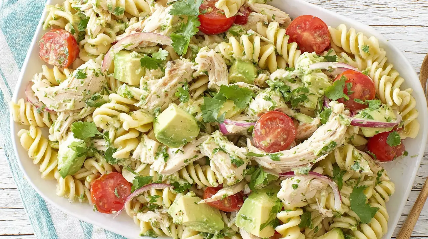 Chicken Avocado Pasta Salad final presentation