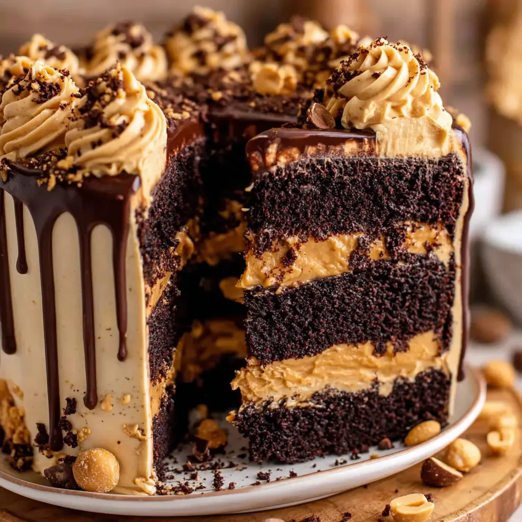 Chocolate Peanut Butter Drip Cake final presentation