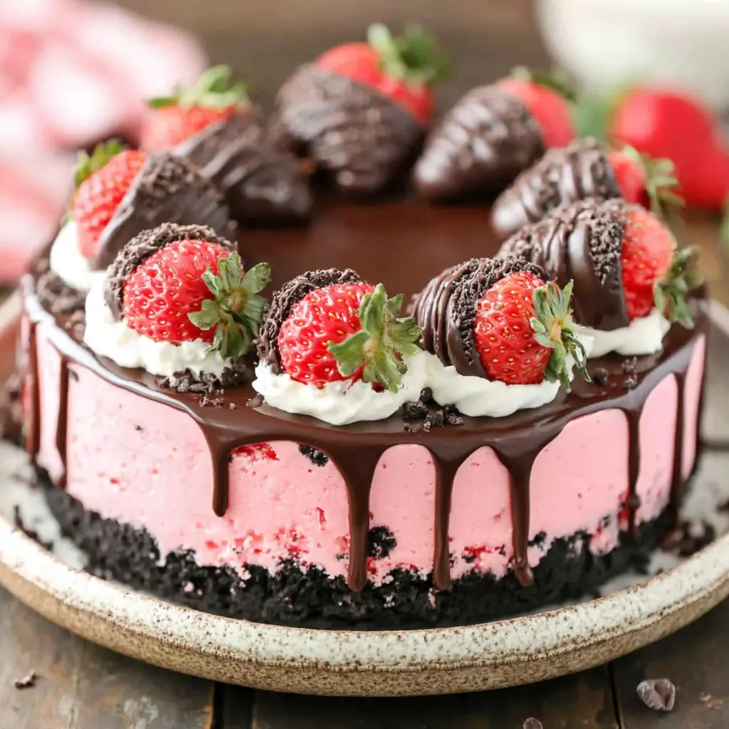 Chocolate Strawberry Cheesecake Cake final presentation sliced