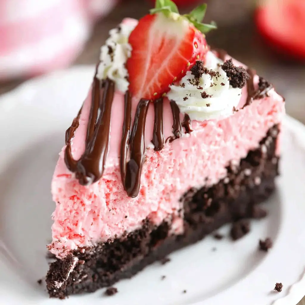 Chocolate Strawberry Cheesecake Cake close up showing layers